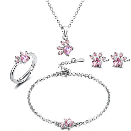Pfoten Schmuck-Set für Frauen – 4-teilig | Roségold mit Zirkonia-Herz – Ring, Kette, Ohrringe & Armband