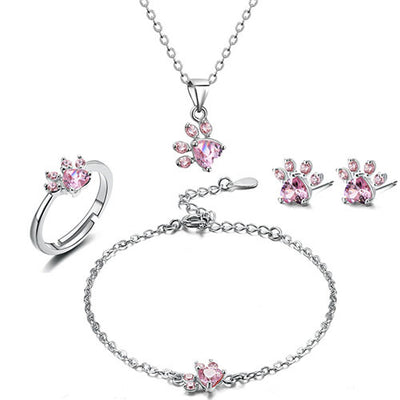 Pfoten Schmuck-Set für Frauen – 4-teilig | Roségold mit Zirkonia-Herz – Ring, Kette, Ohrringe & Armband