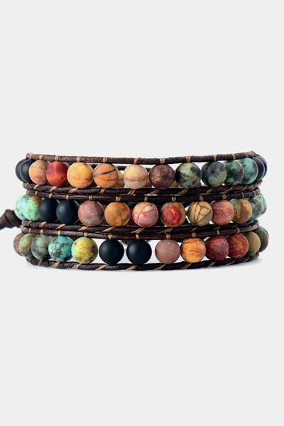Handgefertigtes dreilagiges Armband mit Achat- und Kiefernholzperlen