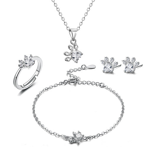Pfoten Schmuck-Set für Frauen – 4-teilig | Roségold mit Zirkonia-Herz – Ring, Kette, Ohrringe & Armband