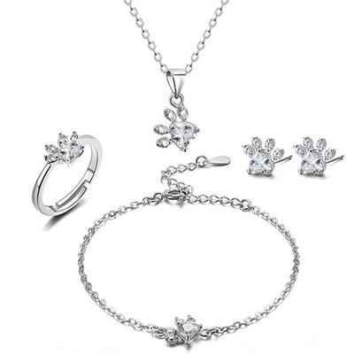 Pfoten Schmuck-Set für Frauen – 4-teilig | Roségold mit Zirkonia-Herz – Ring, Kette, Ohrringe & Armband