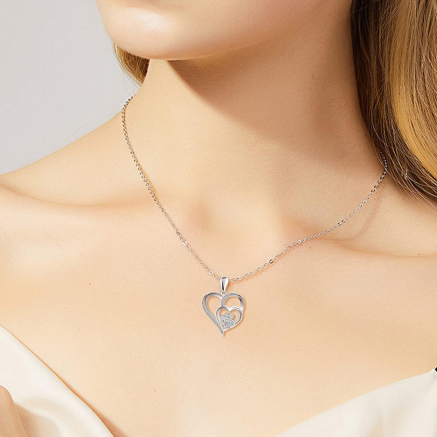 Pfoten Halskette für Damen – Sterling Silber Herzanhänger mit Pfotenabdruck und Zirkonia