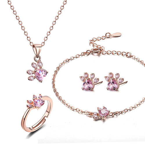 Pfoten Schmuck-Set für Frauen – 4-teilig | Roségold mit Zirkonia-Herz – Ring, Kette, Ohrringe & Armband