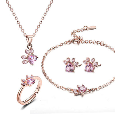 Pfoten Schmuck-Set für Frauen – 4-teilig | Roségold mit Zirkonia-Herz – Ring, Kette, Ohrringe & Armband