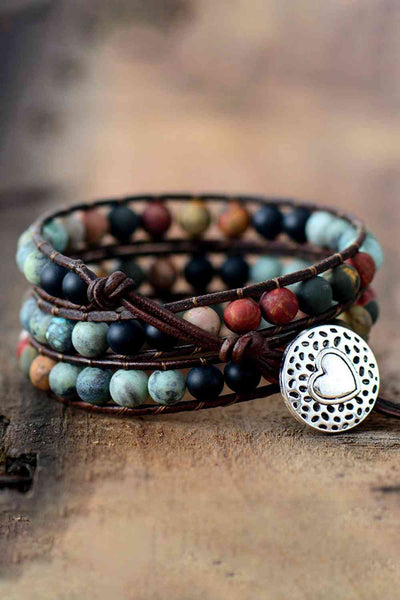Handgefertigtes dreilagiges Armband mit Achat- und Kiefernholzperlen