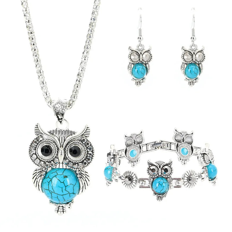 European and American retro jewelry set ethnic style turquoise owl pendant inlaid earrings necklace bracelet women's jewelry