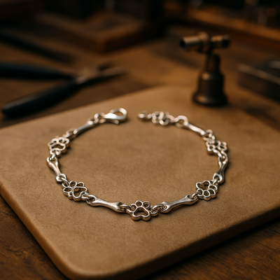 Armband mit Hundepfoten- und Knochenanhängern aus reinem Silber