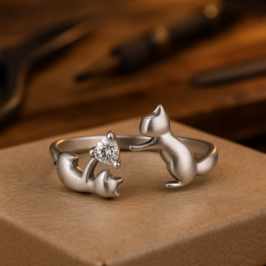 Verspielter Sterling Silber Katzenring – Verstellbar mit Zirkonia