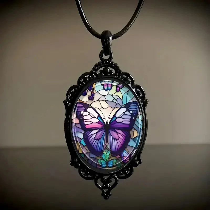 Stunning Butterfly Pendant Necklace - Vibrant Purple Hue, Delicate Pattern, Elegant Oval Shape,- Perfect Gift Option for Women