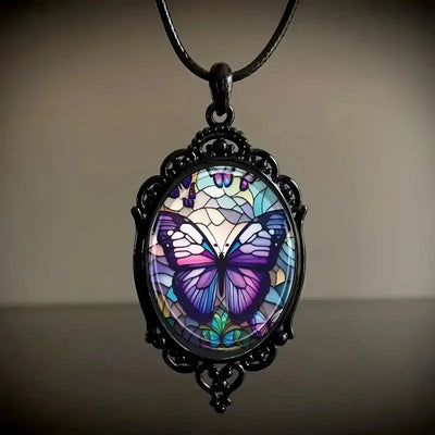 Stunning Butterfly Pendant Necklace - Vibrant Purple Hue, Delicate Pattern, Elegant Oval Shape,- Perfect Gift Option for Women