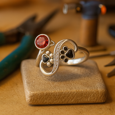 Verstellbarer Ring mit schwarzen Pfotenabdrücken & rotem Edelstein