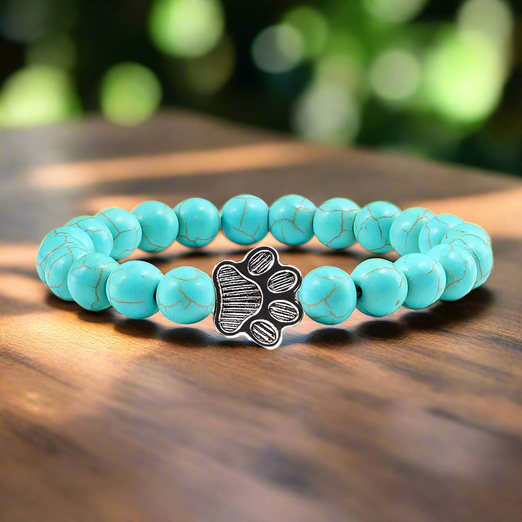 Naturstein-Armband mit Pfotenanhänger – Elastisches Perlenarmband für Damen & Herren