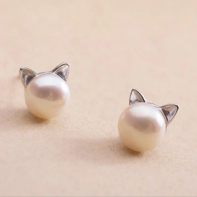 Sterling Silber Katzen-Perlen-Ohrstecker