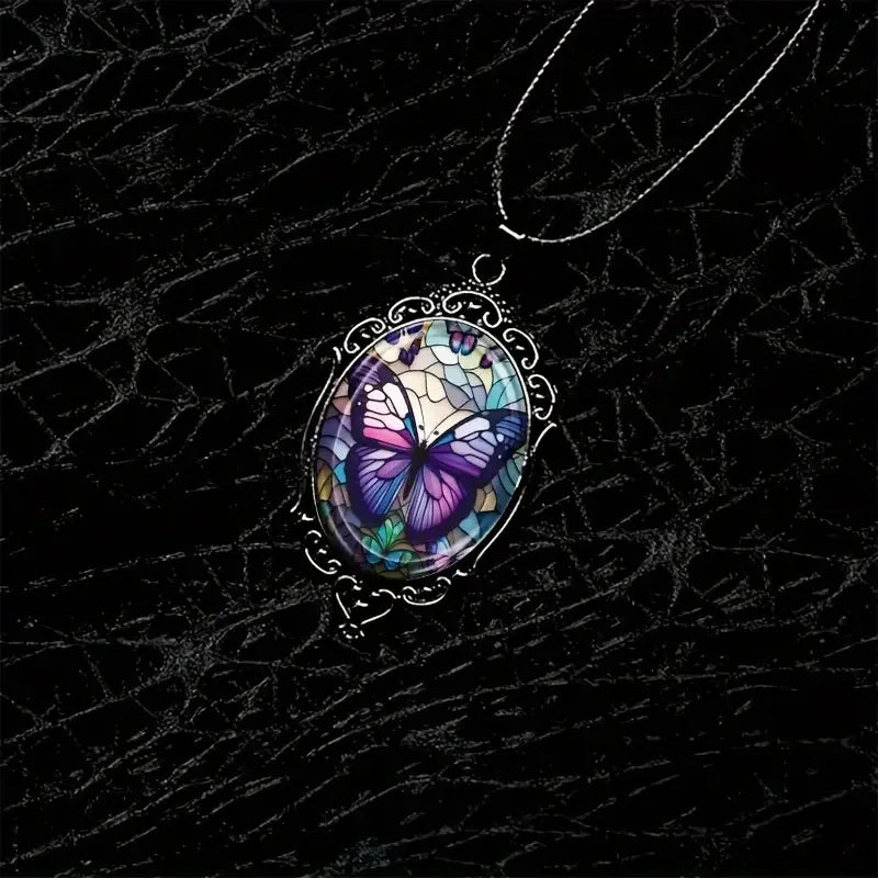 Stunning Butterfly Pendant Necklace - Vibrant Purple Hue, Delicate Pattern, Elegant Oval Shape,- Perfect Gift Option for Women