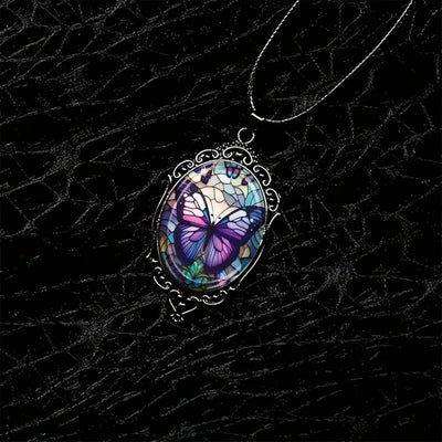 Stunning Butterfly Pendant Necklace - Vibrant Purple Hue, Delicate Pattern, Elegant Oval Shape,- Perfect Gift Option for Women