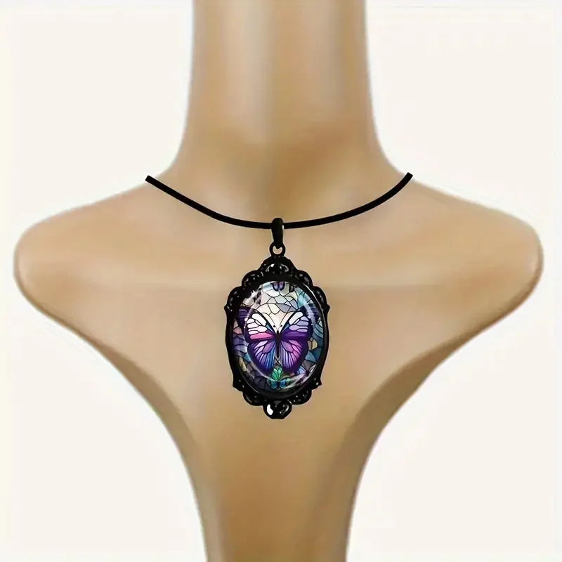 Stunning Butterfly Pendant Necklace - Vibrant Purple Hue, Delicate Pattern, Elegant Oval Shape,- Perfect Gift Option for Women