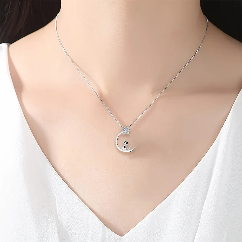 925 Sterling Silver Star Moon Necklace Cute Cat Zircon Pendant Necklace Collarbone Chain