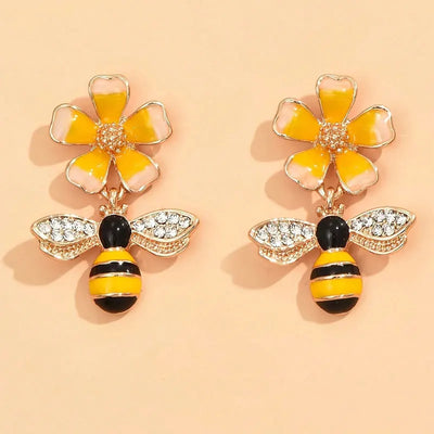 1 Pair Cute Bee Dangle Earring for Women Fashion Creative Design Yellow Flower Drop Earrings Rhinestones Beautiful Jewelry Gifts