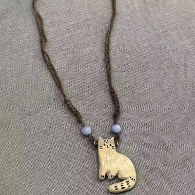 New Creative Cute Retro Cat Pendant Necklace For Women Retro Ethnic Style Kitten Star Beads Rope Chain Choker Party Jewelry Gift
