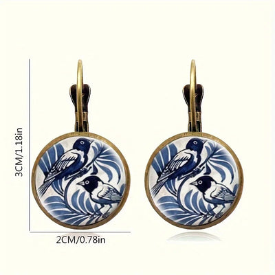 Vintage Blue Magpie Bird Earrings Retro Round Antique Bronze Glass Dome Earrings For Women