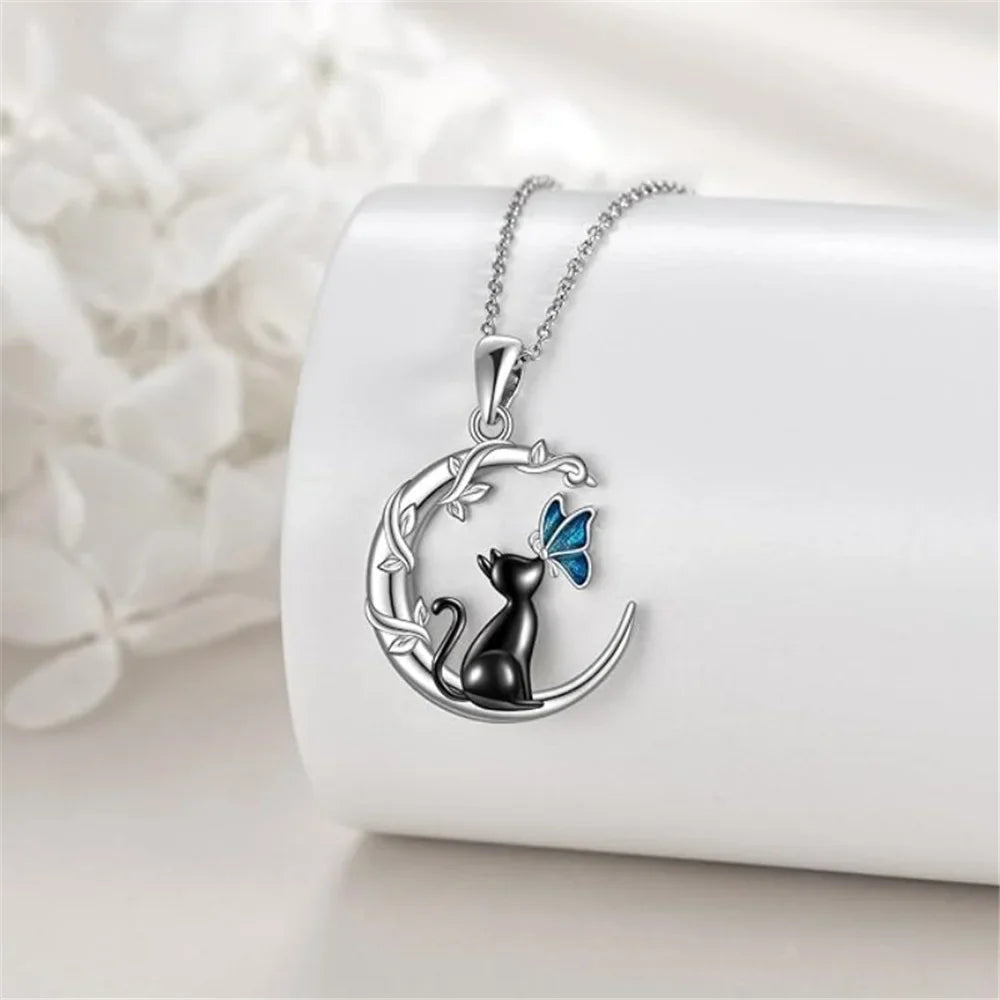 Luxury Female Crystal Stone Moon Cat Butterfly Pendant Necklace Vintage Silver Color Wedding Jewelry For Women