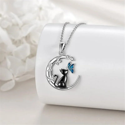 Luxury Female Crystal Stone Moon Cat Butterfly Pendant Necklace Vintage Silver Color Wedding Jewelry For Women