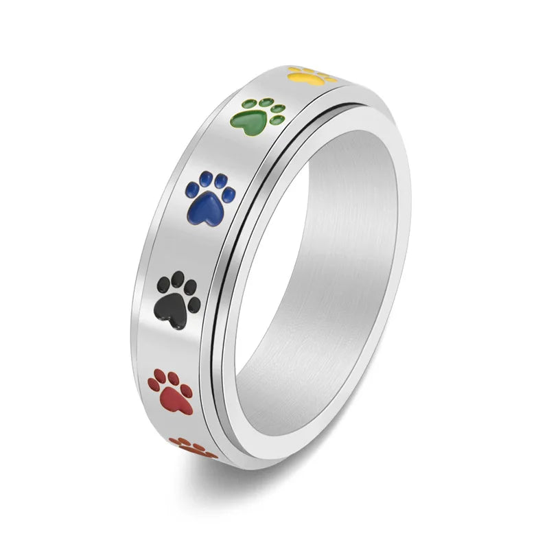 Drehbarer Anti-Stress-Ring mit Pfoten – Edelstahlring mit Regenbogenfarben