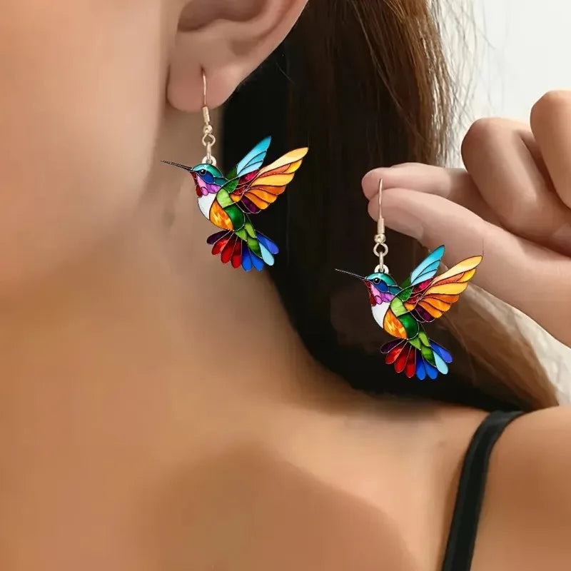 Bunte Kolibri-Hängeohrringe – Acryl-Vogelohrringe im 2D-Design
