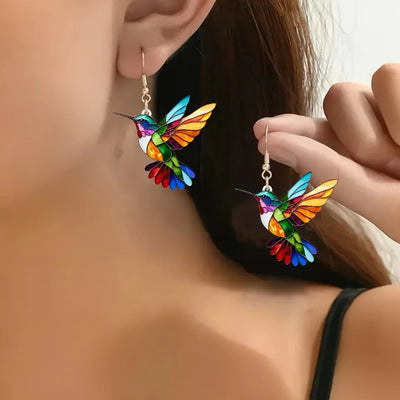 Bunte Kolibri-Hängeohrringe – Acryl-Vogelohrringe im 2D-Design