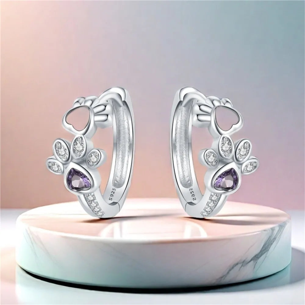 Pfoten-Creolen aus 925 Sterling Silber – Zirkonia & Herzstein Ohrschmuck für Damen
