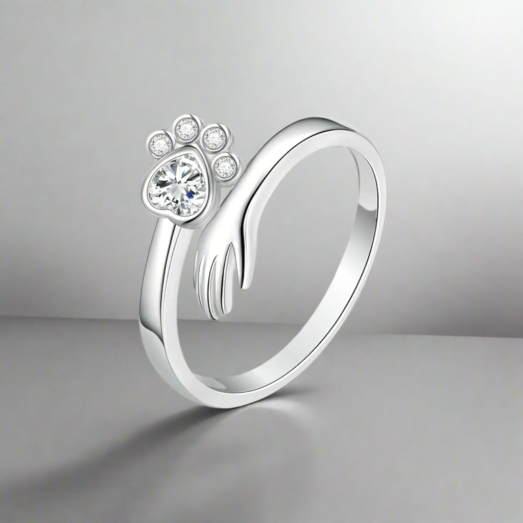 Verstellbarer Pfotenring aus 925er Silber – Hand-in-Pfote Design