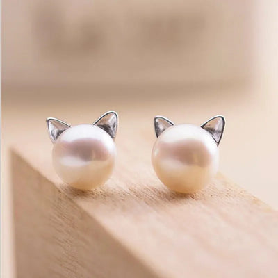 Sterling Silber Katzen-Perlen-Ohrstecker