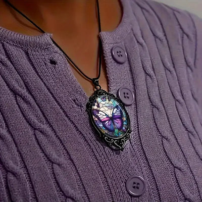 Stunning Butterfly Pendant Necklace - Vibrant Purple Hue, Delicate Pattern, Elegant Oval Shape,- Perfect Gift Option for Women