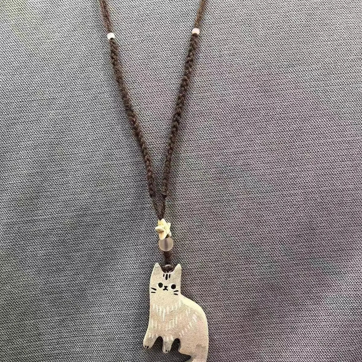 New Creative Cute Retro Cat Pendant Necklace For Women Retro Ethnic Style Kitten Star Beads Rope Chain Choker Party Jewelry Gift