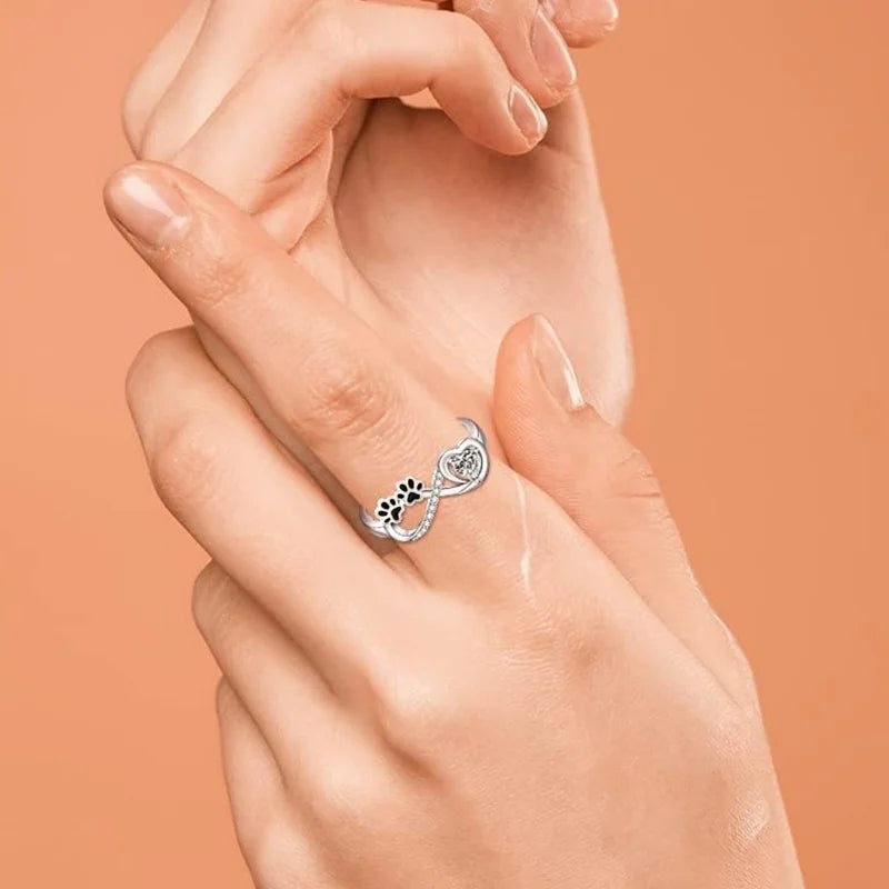 Pfotenabdruck-Ring mit Zirkonia Herz & Unendlichkeitszeichen