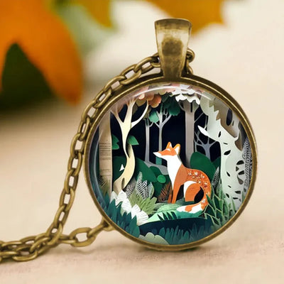 Round Bird Cat Dragonfly Fox Cabochon Glass Pendant Necklace For Women Girls Forest Animal Jewelry