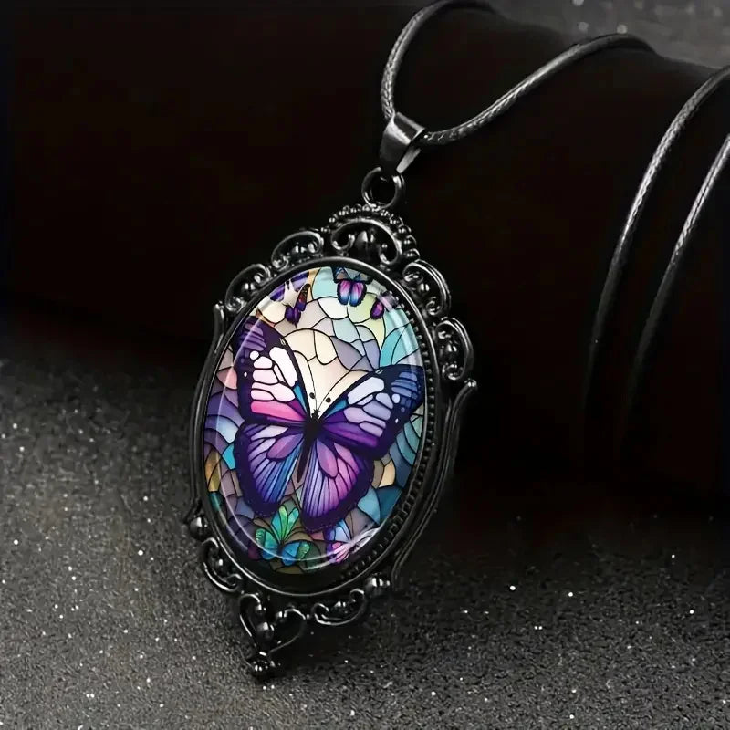 Stunning Butterfly Pendant Necklace - Vibrant Purple Hue, Delicate Pattern, Elegant Oval Shape,- Perfect Gift Option for Women