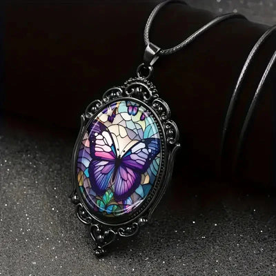 Stunning Butterfly Pendant Necklace - Vibrant Purple Hue, Delicate Pattern, Elegant Oval Shape,- Perfect Gift Option for Women