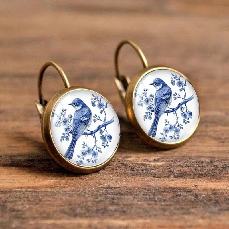 Vintage Blue Magpie Bird Earrings Retro Round Antique Bronze Glass Dome Earrings For Women