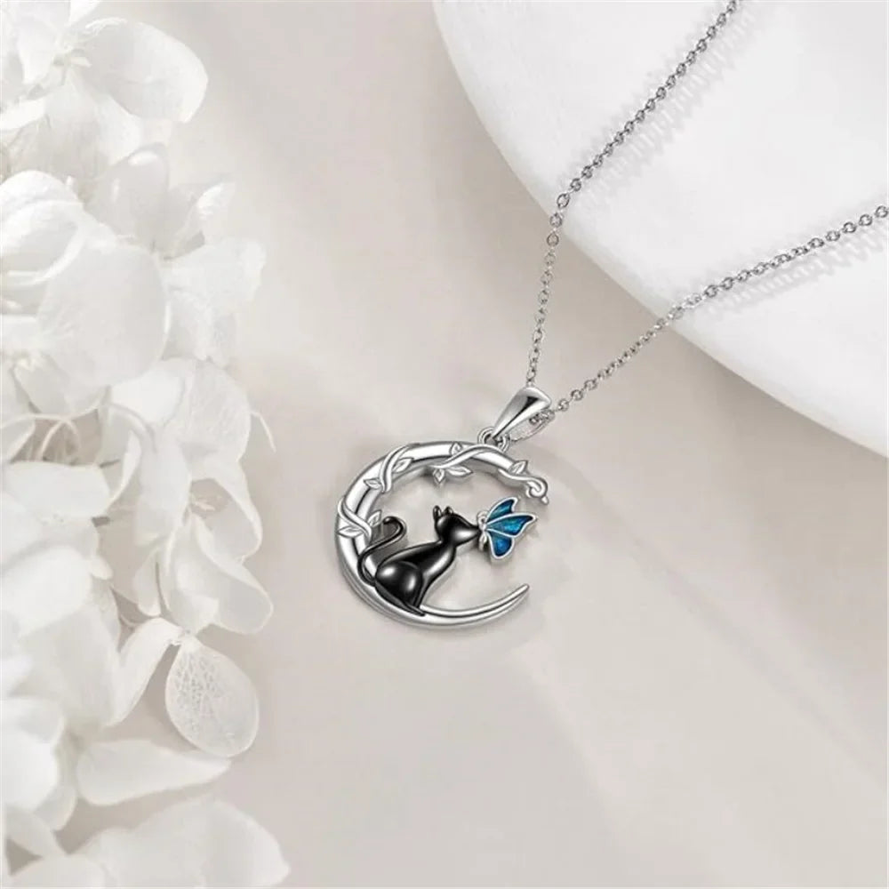Luxury Female Crystal Stone Moon Cat Butterfly Pendant Necklace Vintage Silver Color Wedding Jewelry For Women