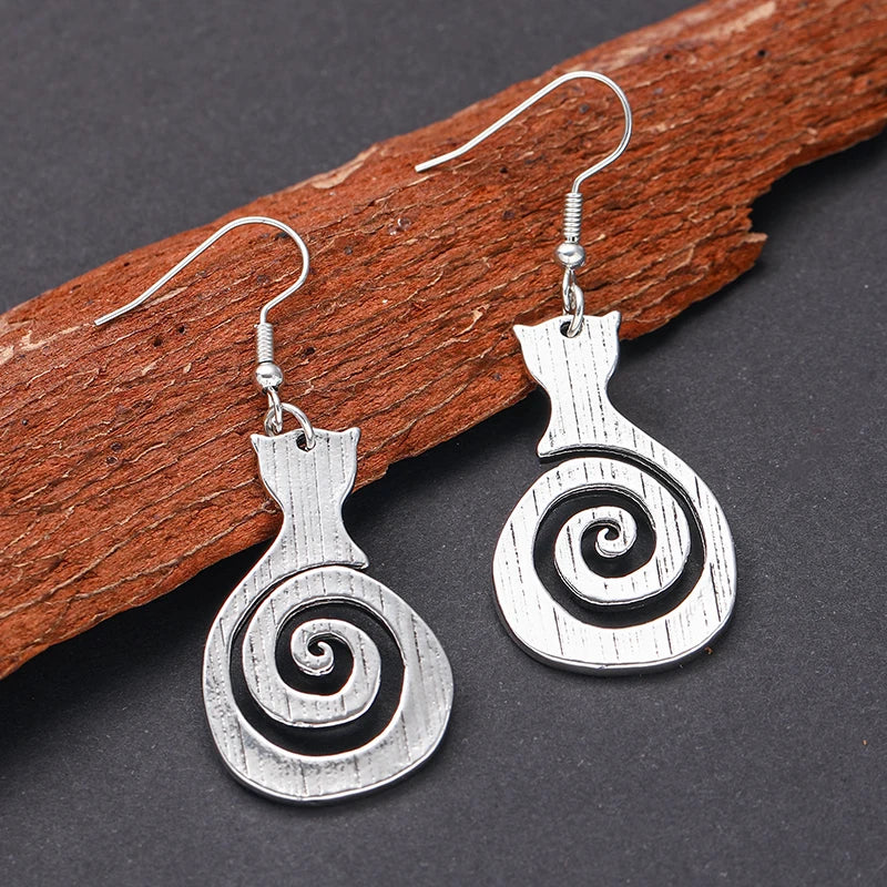 Vintage Hollow Spiral Symbol Cat Earrings for Women Gothic Simple Animal Dangle Earring Wedding Birthday Gift Statement Jewelry