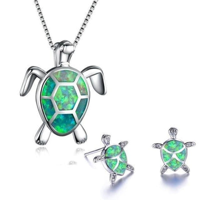Meeresschildkröten-Set – Halskette & Ohrringe aus Silber mit Opal