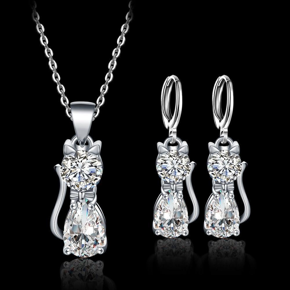 Halskette + Ohrringe Set – Glückliche Katzen aus 925er Silber mit poliertem Zirkonia