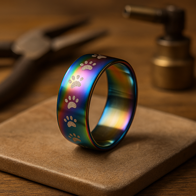 Handgefertigter Regenbogen-Edelstahlring mit Pfotenabdruck