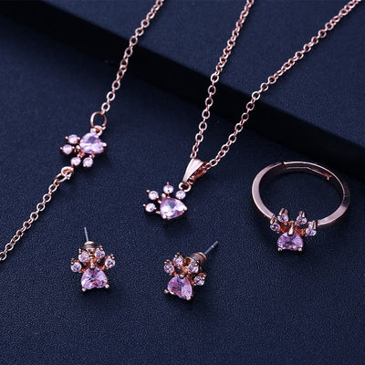 Pfoten Schmuck-Set für Frauen – 4-teilig | Roségold mit Zirkonia-Herz – Ring, Kette, Ohrringe & Armband